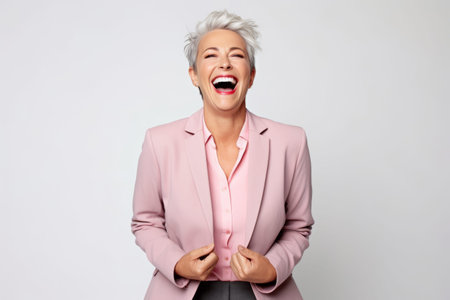 Happy senior businesswoman with short gray hair laughing and looking at cameraの素材