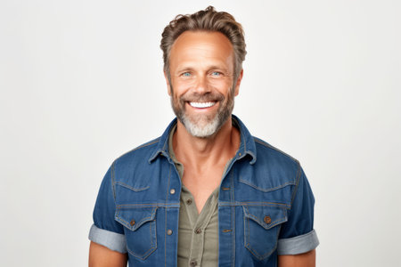 Portrait of a handsome middle-aged man smiling on white backgroundの素材