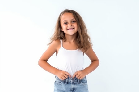 Portrait of a smiling little girl with long hair on a white backgroundの素材