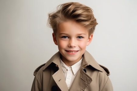 Portrait of a cute little boy in a coat on a white backgroundの素材