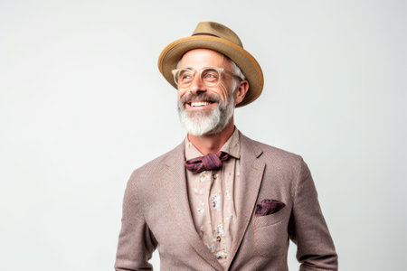 Portrait of a happy senior man wearing hat and glasses on a white backgroundの素材