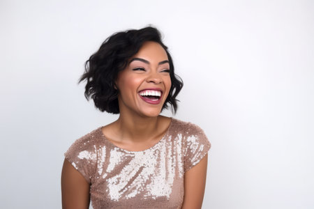 Portrait of a beautiful young woman laughing. Isolated white background.の素材