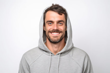 Portrait of a smiling young man in hoodie on white backgroundの素材