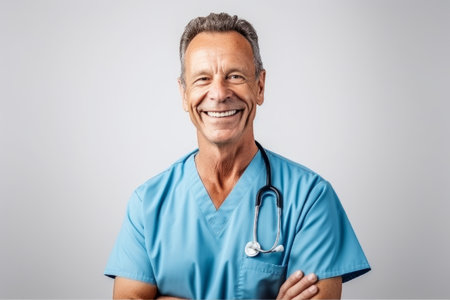 Portrait of a smiling senior doctor standing with arms crossed isolated over white backgroundの素材