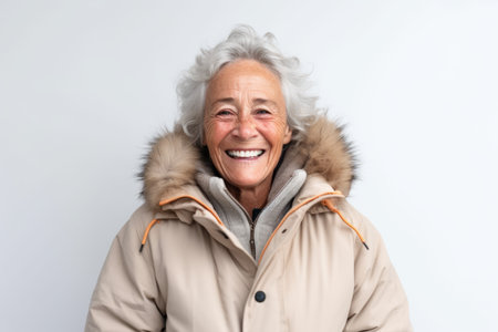 Portrait of a happy senior woman in winter jacket on white backgroundの素材