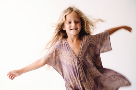 Portrait of a beautiful little girl with blond hair dancing on white backgroundの素材
