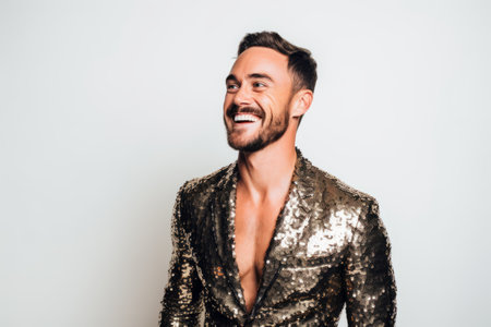 Portrait of a handsome young man laughing on a white background.の素材