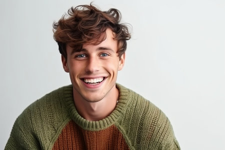 Portrait of a handsome young man smiling at camera over white backgroundの素材