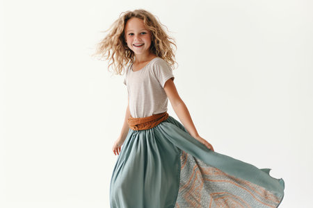 Portrait of a cute little girl with blonde curly hair in a long skirt.の素材