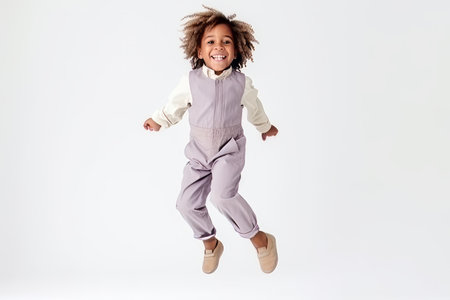 Full length portrait of a happy little girl jumping isolated on a white backgroundの素材