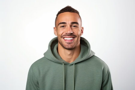 Portrait of a happy young man smiling at camera against white backgroundの素材