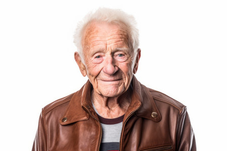 Portrait of an old man in a leather jacket on a white backgroundの素材