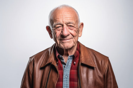 Portrait of an elderly man in a leather jacket on a white backgroundの素材