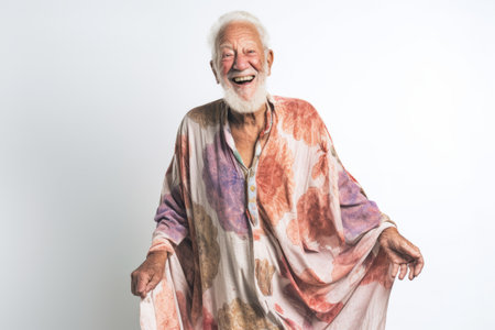 Portrait of senior Asian man smiling and laughing on white background.の素材