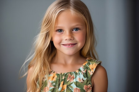 Portrait of a cute little girl with long blond hair smiling at cameraの素材