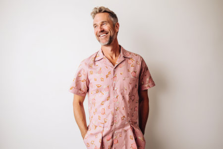 Portrait of a handsome middle-aged man standing against white backgroundの素材