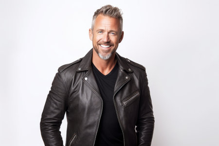 Portrait of a smiling mature man in leather jacket standing over white backgroundの素材