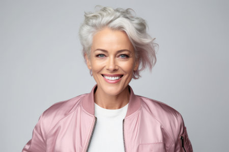 portrait of smiling senior woman in pink jacket, isolated on grayの素材