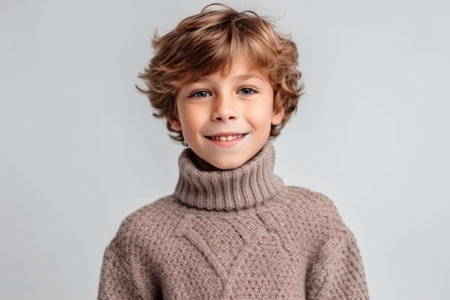 Portrait of a smiling little boy in sweater looking at camera isolated over gray backgroundの素材