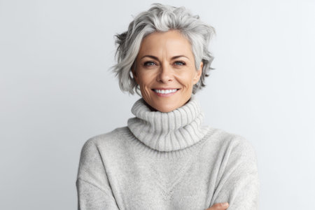 Portrait of smiling senior woman in sweater and scarf isolated on white backgroundの素材