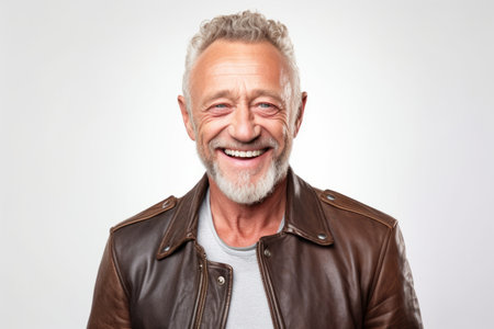 Portrait of a happy senior man smiling and looking at camera isolated on a white backgroundの素材