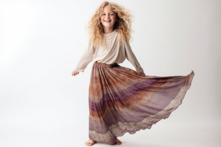 Full length portrait of a beautiful girl with curly hair posing in studioの素材