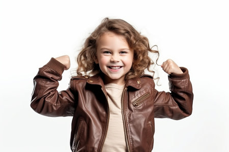 Portrait of a happy little girl with curly hair in a brown leather jacket on a white backgroundの素材
