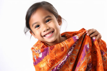 Portrait of a cute asian girl with scarf on white backgroundの素材