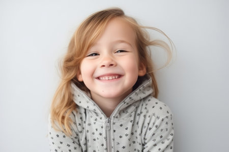 Portrait of a cute smiling little girl in a gray hoodie on a white backgroundの素材