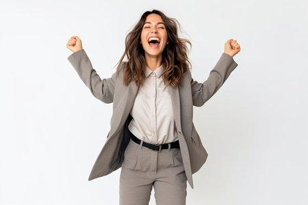 Young business woman celebrating a victory over isolated white background. winner conceptの素材