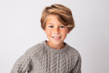 Portrait of a cute little boy on a white background. Kid's fashion.の素材