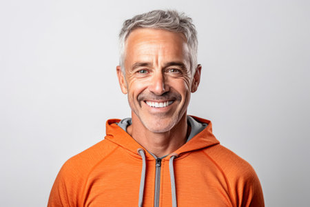 Portrait of a smiling middle-aged man in an orange hoodie.の素材