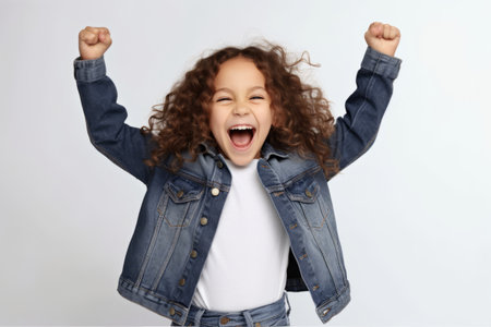 Portrait of excited little girl with curly hair in denim jacket screaming and clenching fists over white backgroundの素材