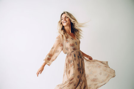 Beautiful blonde girl in a long dress on a white background.の素材