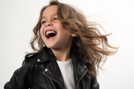 Portrait of a cute little girl in a black leather jacket on a white backgroundの素材