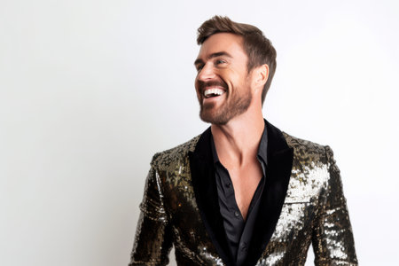 Handsome young man in a golden jacket on a white backgroundの素材