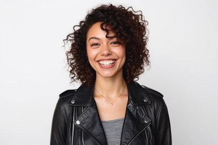 Portrait of a beautiful young woman with curly hair smiling against white backgroundの素材