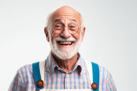 Portrait of a senior man with apron and glasses on white backgroundの素材