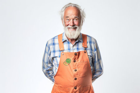 Portrait of a senior man in an apron. Isolated on white background.の素材