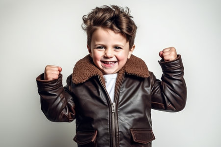 Happy little boy in a brown jacket on a white background. Close-up.の素材