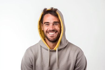 Portrait of a smiling young man in hoodie on white backgroundの素材