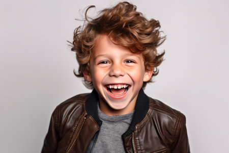 Portrait of a laughing little boy in a leather jacket on a gray backgroundの素材
