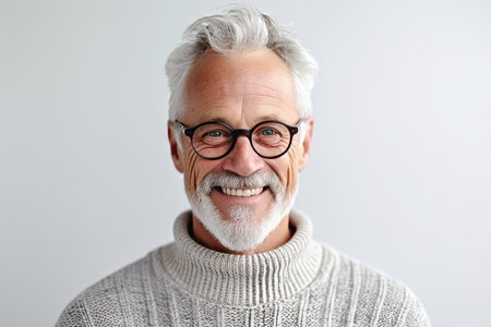 Portrait of a smiling senior man in eyeglasses on white backgroundの素材