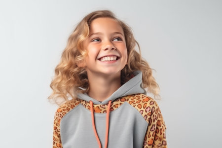 Portrait of a cute little girl with blond curly hair smiling at the cameraの素材