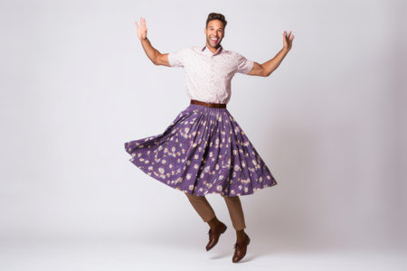 Full length portrait of a happy young man dancing isolated on a white backgroundの素材