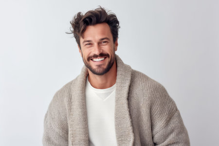 Portrait of a handsome young man smiling and looking at camera over white backgroundの素材
