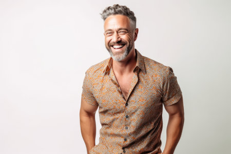 Portrait of a happy mature man laughing and looking at camera isolated over white backgroundの素材