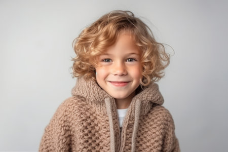 Portrait of a cute little girl with blond curly hair in a knitted sweater on a gray backgroundの素材