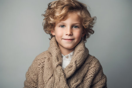 Portrait of a cute little boy with curly hair in a warm sweaterの素材