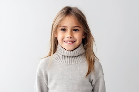 Portrait of a cute little girl with blond hair in a gray sweater on a white backgroundの素材